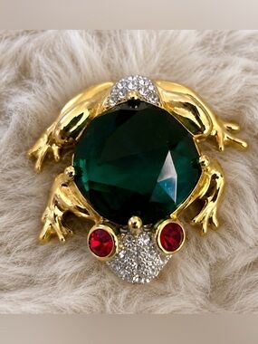 Swarovski Gold Frog Brooch with Deep Green Center and Red Eyes